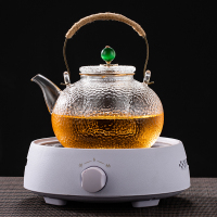 耐温锤纹玻璃提梁煮茶壶烧水泡茶养生壶白茶煮茶器电陶炉煮茶炉|猫眼锤纹壶+白色电陶炉特价款4杯