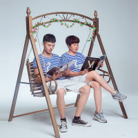 户外铁艺摇椅秋千椅阳台室内外庭院双人摇篮椅家用荡秋千吊椅吊床|加固版金色+花藤+坐垫+彩灯工具