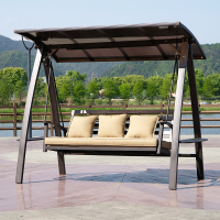 户外秋千太阳能灯摇椅铁艺阳台室外休闲网红吊椅庭院双人秋千|太阳能-卡布基诺三人秋千[送坐垫抱枕]