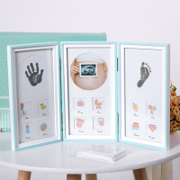 宝宝手足印纪念框婴儿满月周岁百天手脚印自制礼物合页相框|40#蓝边三联