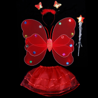 儿童礼物发光蝴蝶翅膀玩具儿童仙女翅膀女孩演出道具背饰|四件套红色不发光