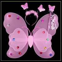 天使翅膀儿童演出道具女童蓬蓬裙天使双层蝴蝶翅膀发光玩具魔法棒|粉色 四件套(不发光)