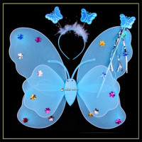 天使翅膀儿童演出道具女童蓬蓬裙天使双层蝴蝶翅膀发光玩具魔法棒|天蓝色 裙子