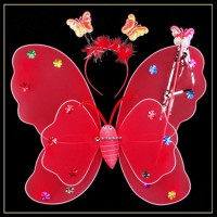 天使翅膀儿童演出道具女童蓬蓬裙天使双层蝴蝶翅膀发光玩具魔法棒|大红色 三件套(不发光)