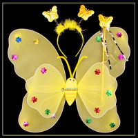 天使翅膀儿童演出道具女童蓬蓬裙天使双层蝴蝶翅膀发光玩具魔法棒|黄色 裙子