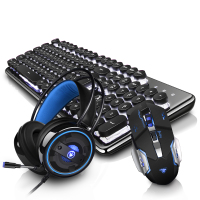 蒸汽朋克真机械手感键盘鼠标耳机三件套装笔记本台式电脑吃鸡游戏外设有线女生办公用曼巴蛇电竞一体键鼠网吧