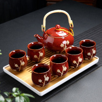 茶具套装家用陶瓷杯提梁茶壶现代简约6只装大杯子冷水壶干泡茶盘|窑变红梅花款套装+长方茶盘(收藏送滤网壶绳茶巾) 10件