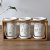 陶瓷筷子筒沥水壁挂筷筒商用筷子桶日式筷架筷子篓创意筷子笼家用|三筒木架台式中国结送5调味勺