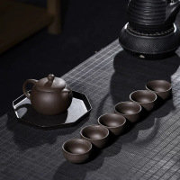 陶瓷家用紫砂半自动简约功夫茶具茶杯茶壶小套装配件日式泡茶器c|7头黑紫砂西施壶