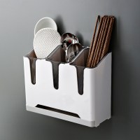 筷子篓置物架托壁挂式家用筷筒筷笼多功能厨房放勺子餐具的收纳盒|灰色壁挂款【底部沥水托盘设计】