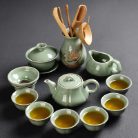 陶瓷功夫茶具套装茶杯家用哥汝窑泡茶壶盖碗道整小套装办公室会客|哥窑----小葵壶10件+茶道六君子
