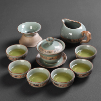 陶瓷功夫茶具套装茶杯家用哥汝窑泡茶壶盖碗道整小套装办公室会客|龙珠哥窑醒龙茶具-盖碗10件