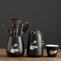 家用个性茶道黑檀实木六君子功夫茶具配件茶勺茶夹茶刷大全套装|荷花六君子+荷花茶叶罐+主人杯