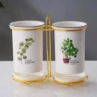 筷篓陶瓷筷子筒置物架 沥水厨房放勺子的收纳盒桶平放筷子笼家用|圆币草+尤加利叶金色铁架