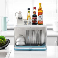 厨房碗架碗筷收纳盒装碗箱塑料碗柜家用碟盘沥水置物架带盖放餐具|升级款北欧蓝+单层双开磁吸门碗筷架