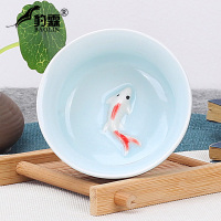 功夫小茶杯陶瓷茶盏茶碗家用单个品茗杯紫砂主人杯青花瓷泡茶|单茶杯-翡翠蓝-年年有鱼