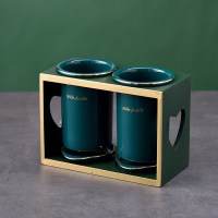 北欧轻奢陶瓷筷子筒家用筷篓沥水双筷子桶筷子盒收纳置物架筷子笼|双筒祖母绿筷子筒+绿金木架