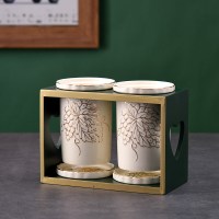 北欧轻奢陶瓷筷子筒家用筷篓沥水双筷子桶筷子盒收纳置物架筷子笼|双筒浮雕葡萄+绿金木架