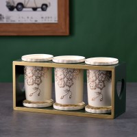 北欧轻奢陶瓷筷子筒家用筷篓沥水双筷子桶筷子盒收纳置物架筷子笼|三筒浮雕花牟+绿金木架