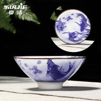 手绘功夫小茶杯茶具青花陶瓷单个主人杯茶盏斗笠杯品茗杯茶碗|单茶杯-羊脂玉小号-双鱼报福
