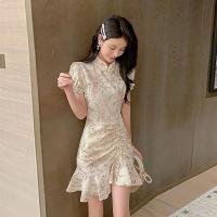 鱼尾裙子超仙法式复古年轻款少女旗袍改良版碎花雪纺连衣裙女夏季