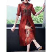 中年妈妈香云纱真丝连衣裙女夏两件套装气质阔太太桑蚕丝裙子