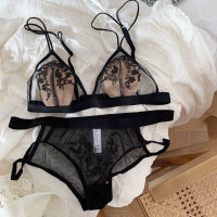 threepig 法式轻奢复古三角杯小胸少女文胸套装性感蕾丝轻情趣