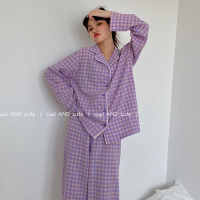 韩版ins简约纯棉麻格子睡衣女春秋长袖长裤开衫家居服两件套学生