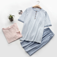 日系条纹简约情侣睡衣夏季薄款宽松纯棉短袖五分裤男女家居服套装