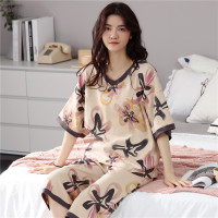 睡衣女夏季纯棉短袖七分裤两件套装薄款加肥大码胖mm200斤家居服