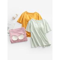 纯棉短袖t恤女夏薄款带胸垫睡衣免文胸bra白黑色家居服宽松上衣