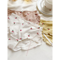 樱桃华夫格~大码性感女内裤中腰可爱木耳边薄款甜美女士三角裤夏