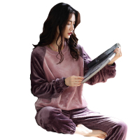 秋冬季珊瑚绒睡衣女冬款加绒加厚春秋法兰绒保暖家居服套装