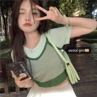 seoul干净清爽少女~韩系甜美洋气减龄清新绿色小吊带背心+短袖t恤