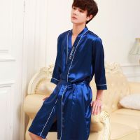 男士夏季薄款睡袍一体式冰丝宽松韩版大码睡衣丝绸家居服春秋浴袍