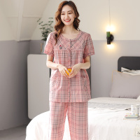 睡衣女士夏季纯棉短袖七分裤中老年妈妈梭织全棉大码家居服套装