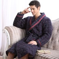 冬季男爸爸睡袍浴袍加厚保暖睡衣100纯棉三层夹棉全棉浴衣加大码