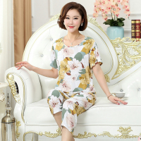 睡衣女春夏中年妈妈纯棉绸中老年人短袖绵绸人造棉大码家居服套装