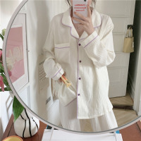 ins日系简约撞色纯棉纱布睡衣女春秋季长袖韩版家居服两件套装冬