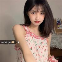 seoul鲜花少女~韩系复古甜美洋气减龄粉嫩荷花边弹力褶皱吊带背心