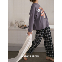 睡衣女春秋季可爱卡通小熊长袖棉质家居服时尚格子裤大码套装