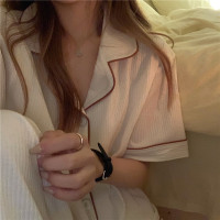 夏莉家韩国ins夏季慵懒对襟包边翻领短袖长裤家居服 简约白色睡衣