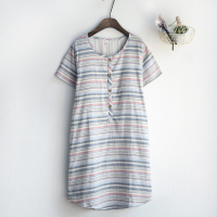 日系带胸垫睡裙女夏季薄款纯棉纱布双层文艺条纹短袖家居服睡衣