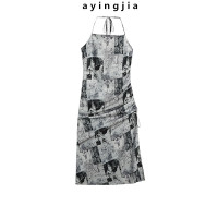 白水 挂脖吊带连衣裙女早秋纯欲风设计感小众抽绳露背油画长裙女