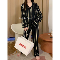 新款2021韩国ins男女睡衣纯棉长袖春秋冬季复古条纹情侣居家套装