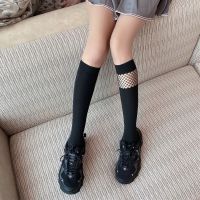夏季中筒拼接天鹅绒渔网袜美腿显瘦日系黑色学院风jk小腿袜女薄款