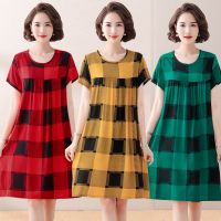 睡裙女夏宽松大码中长款短袖连衣裙人造棉家居服中年女装棉绸睡衣