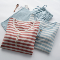 带胸垫睡衣女式春秋季纯棉针织宽松日式日系条纹春款家居服套装