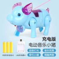 抖音牵绳电动小猪会唱歌发声走路会跑会发光音乐猪儿童男女孩玩具|[充电版]蓝色小猪+绳子