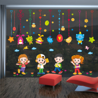 幼儿园装饰双面贴画玻璃窗贴纸自粘门贴儿童房卡通动物防水墙贴|一起上学和小动物吊饰各一张 大